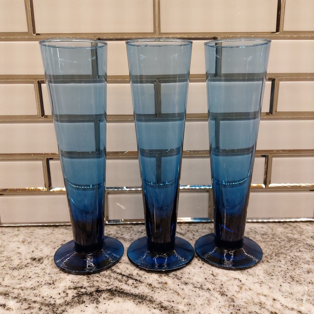 Vintage Handblown Cobalt Blue Glass Set Of 3 ~ 9 1/2" Beer Pilsners